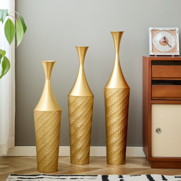 Gold Metal Floor Vases Set of 3 (13.95", 12.4", 10.85") | Handcrafted rustproof tall decor for living room and entryway