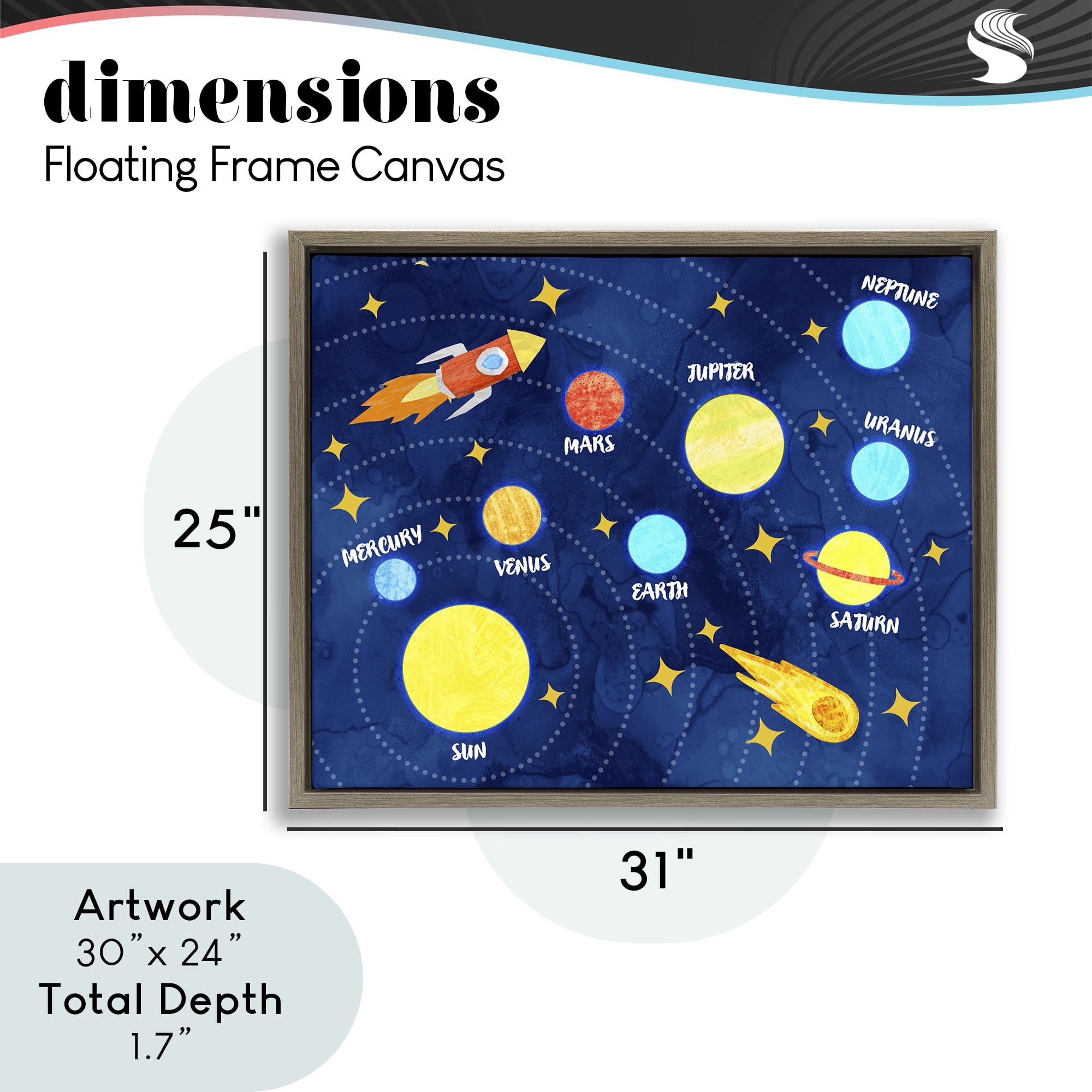 Rocket Across Solar System Brown Framed Floater Canvas Wall Art, design by Daphne Polselli