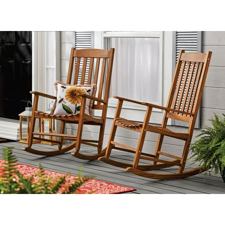 Mainstays Outdoor Wood Porch Rocking Chair, Natural Yellow Color, Weather Resistant Finish