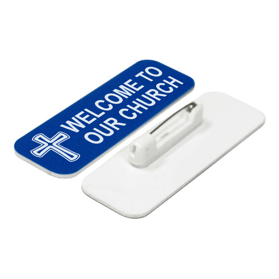 Welcome To Our Church, Cross Design, 1 x 3" Name Tag/Badge, Blue (3 Pack)