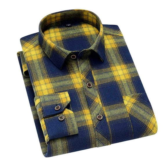 Mens Plaid Shirts Jackets Casual Shackets Button Down Long Sleeve Shirt Lightweight Lapel Jacket With Pockets (XL, Yellow)