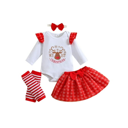 

Meihuida Newborns Baby Girl Christmas Outfit Long Sleeve Romper Plaid Skirt Bow Headband Leg Warmers Set 0-18 Months
