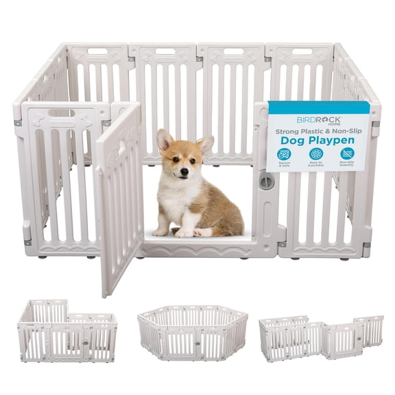 BIRDROCK HOME Dog Playpen w/ Door, 12 Panel, 25.6in H | Strong Plastic, Non-Slip Puppy Playpen, Secure Pet Gate | Indoor Outdoor Fence | Configurable Panels | Small to Medium Pets - White