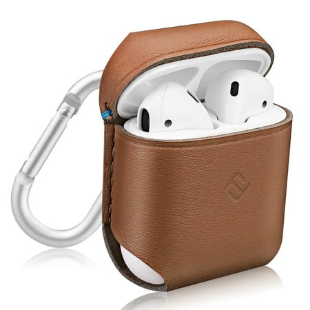 - Fintie AirPods Genuine Leather Case - Protective Earbud Cover Skin with Carabiner, Brown