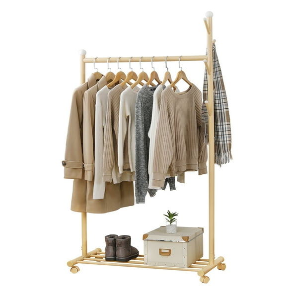 TFixol HOME ORGANIZER Multifunctional Clothing Rack Steel Rod Hanging Clothes Rolling Garment Rack Organizer Indoor Hanger with Bottom Shelves Integrated Coat Stand on Wheels for Bedroom Dressing Room