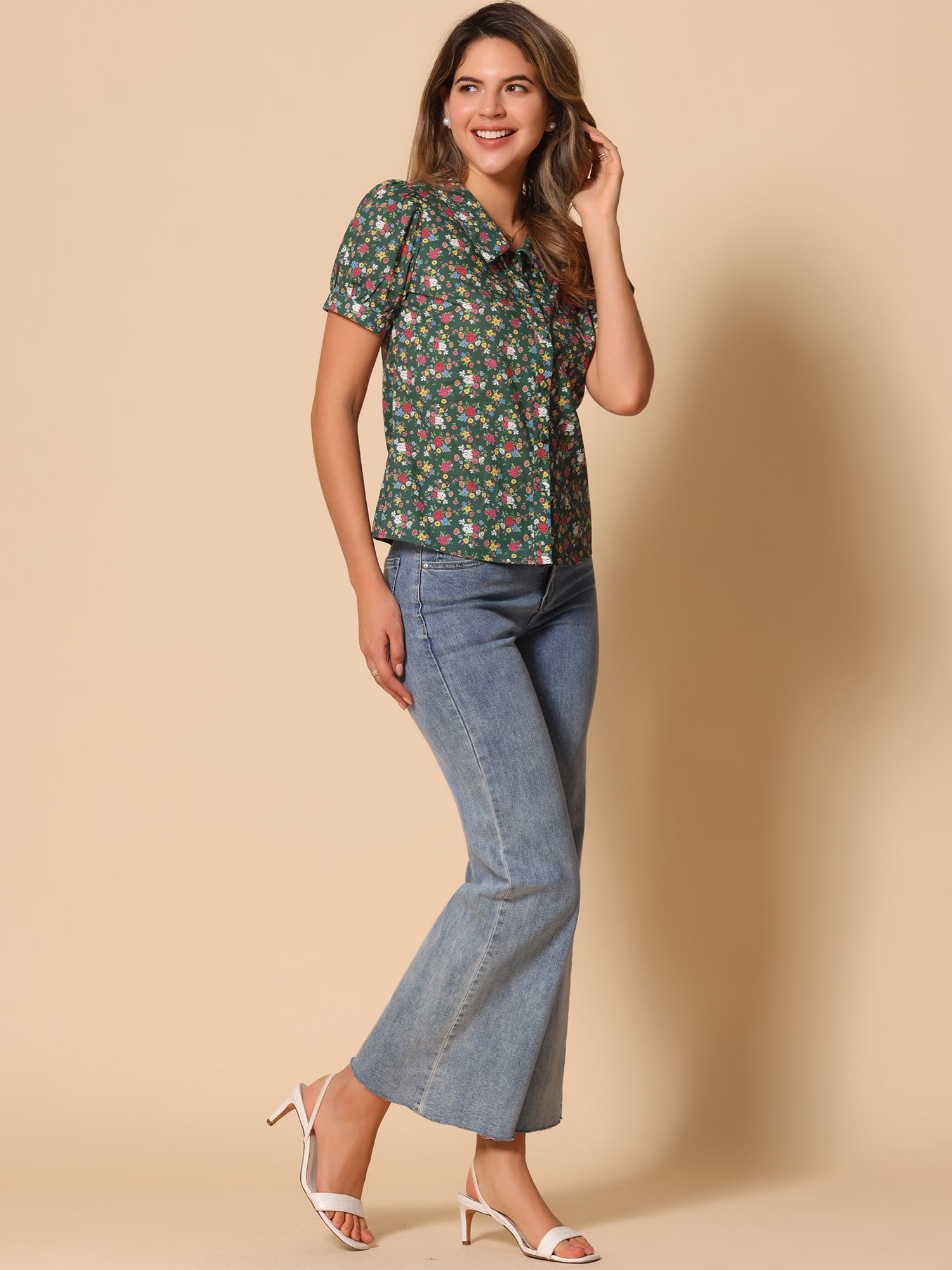 DARING DIVA Women's Turndown Collar Button Down Floral Blouse M Army Green