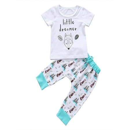 2PCS Newborn Infant Baby Girl Boy Summer Clothes Fox Print T-shirt Tops+Long Pants Outfits