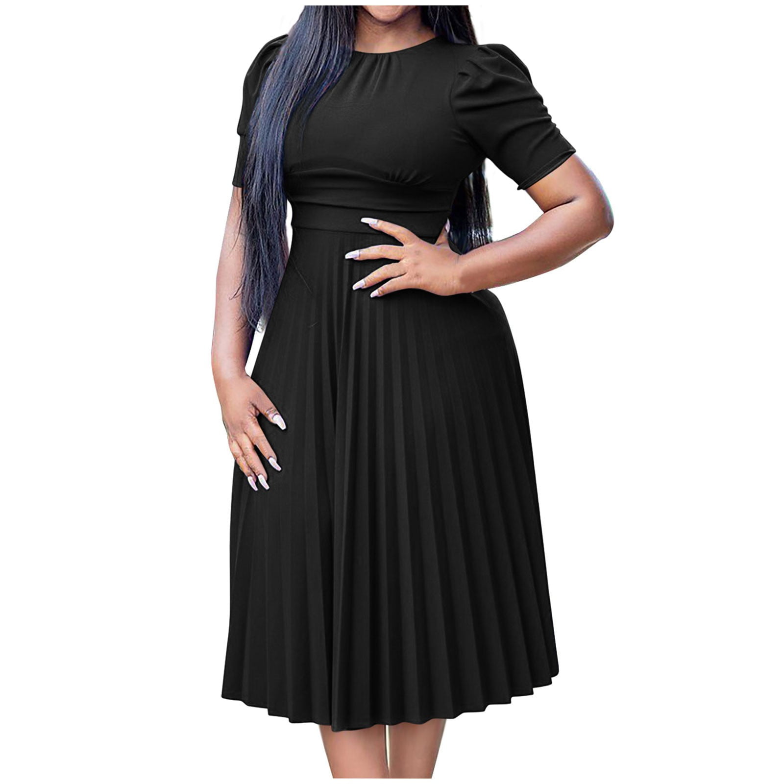 OSFVNOXV Work Dresses for Women Summer Bodycon Pleated Dresses Short Sleeve Crewneck Baby Doll Dresses for Seniors