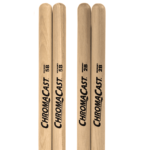 ChromaCast 2B & 5B Hickory Drumsticks Pair - Wood Tipped - Drum Sticks Tour Tested by Pro Drummers - Real Hickory Wood