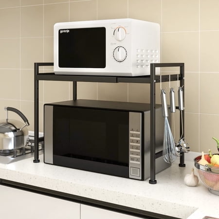 2 Tier Expandable Metal Microwave Oven Rack Shelf Kitchen Supplies Rice Cooker Stand Contains with 3 Hooks, Black