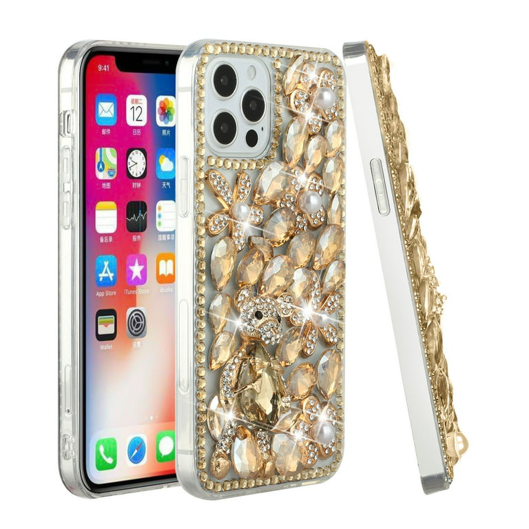 Xpression Mobile for Apple iPhone 14 (6.1 inch) Bling Clear Crystal 3D Full Diamonds Luxury Sparkle Transparent Rhinestone Hybrid Cover ,Xpm Phone Case [ Gold Panda