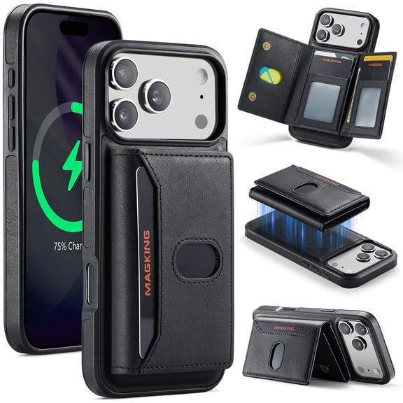 Magnetic Detachable Wallet Case for iPhone 18 Pro with Kickstand, 2-in-1 Compatible with MagSafe RFID Blocking Card Holder, Slim PU Leather Cover, Black