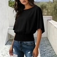 thumbnail image 2 of Htigea Women's Crewneck Cropped T-Shirt Half Sleeve Elastic Hem Tops Casual Loose Fit T Shirt Summer Cute Tees Black S, 2 of 6