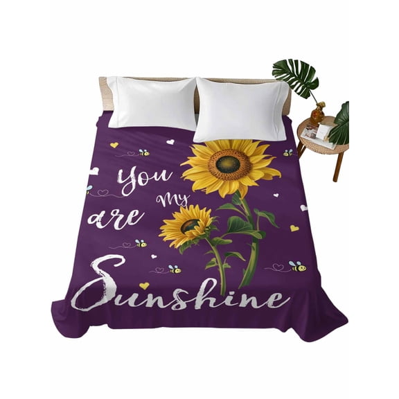 California King Flat Sheet 108"x98", Purple Sunshine Sunflower Soft Lightweight Bedding Flat Sheets Only, Pastoral Bees Farmhouse Floral Brushed Microfiber Top Bed Sheet, Breathable Bedsheets