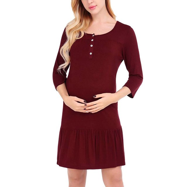 ZAXARRA Robe de Maternité pour Femmes, Manches 3/4 Col Rond Fermeture à Boutons Robe Midi Plissée Robe de Grossesse
