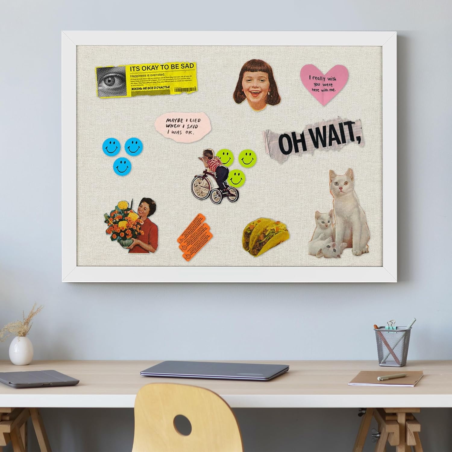 White Cork Board Bulletin Board with Linen, Wood Framed 30" x 20" Corkboard, Office Board for Wall Decor, Wall Mounted Pin Board Picture Board with 20 Pushpins for School, Home & Office