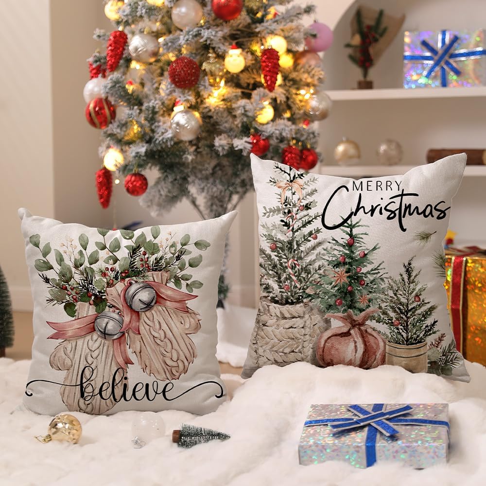 Christmas Pillow Covers 20x20 inch Set of 4 Christmas Tree Gloves Hello Winter Decorative Throw Pillow Covers Winter Farmhouse Decoration for Home Couch