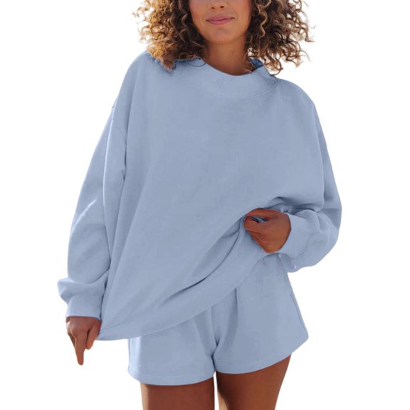 BODOAO Women's 2 Piece Outfits, Oversized Crewneck Long Sleeve Sweatshirt and Shorts Set, Casual Matching Loungewear Sweatsuit for Lounge Workout Jogging, Soft Loose Fit Blue L