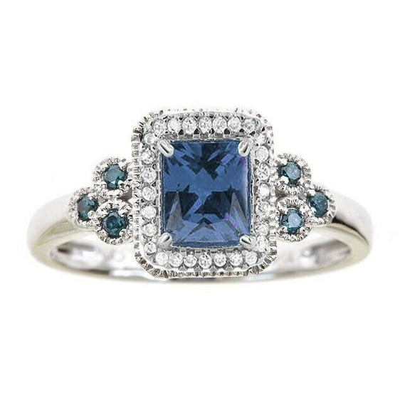 Emerald Cut Sapphire Engangement Ring, Moissanite Diamond Blue Sapphire ring, Birthstone Ring, Emerald Cut Halo Engagement Ring for Women