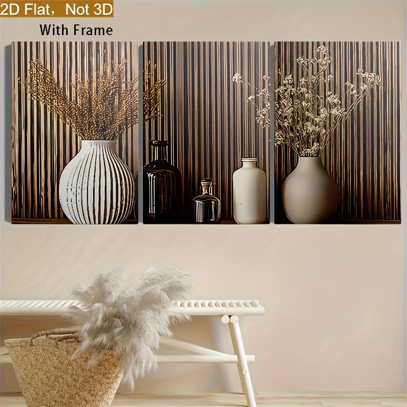 2D Flat Framed 2D Planes, Three 2D Planes Printed in a Modern Wooden Style Featuring Easy Potted Plant Landscapes, Framed Canvas Paintings And Posters, Ready to Hang, Home Decor