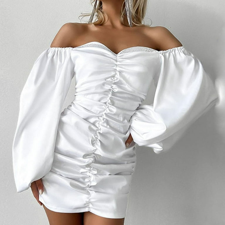 The White Halter Spliced Ruched Satin Midi Dress - White Satin V Neck  Backless Prom Dresses - White - Dresses
