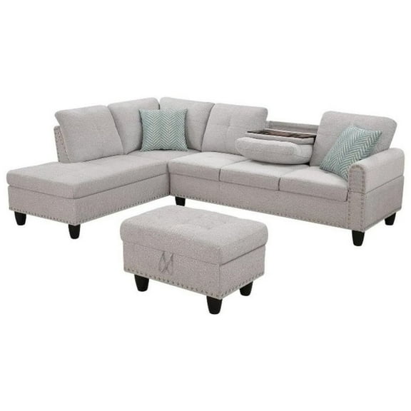 FurniFact Light Gray Sectional Couch for Living Room With Ottoman, Pillows, Cup Holder