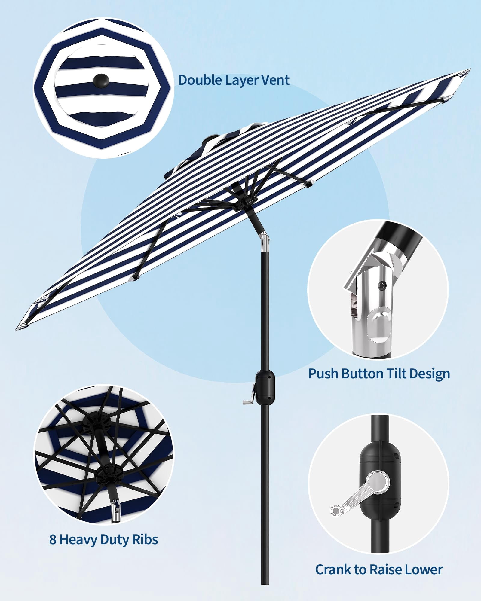 9FT Large Outdoor Patio Umbrella Market Table Umbrella-UV Resistant, Easy Push Button Tilt and Crank, 8 Ribs Heavy-Duty Pool Umbrella for Deck, Backyard,Garden