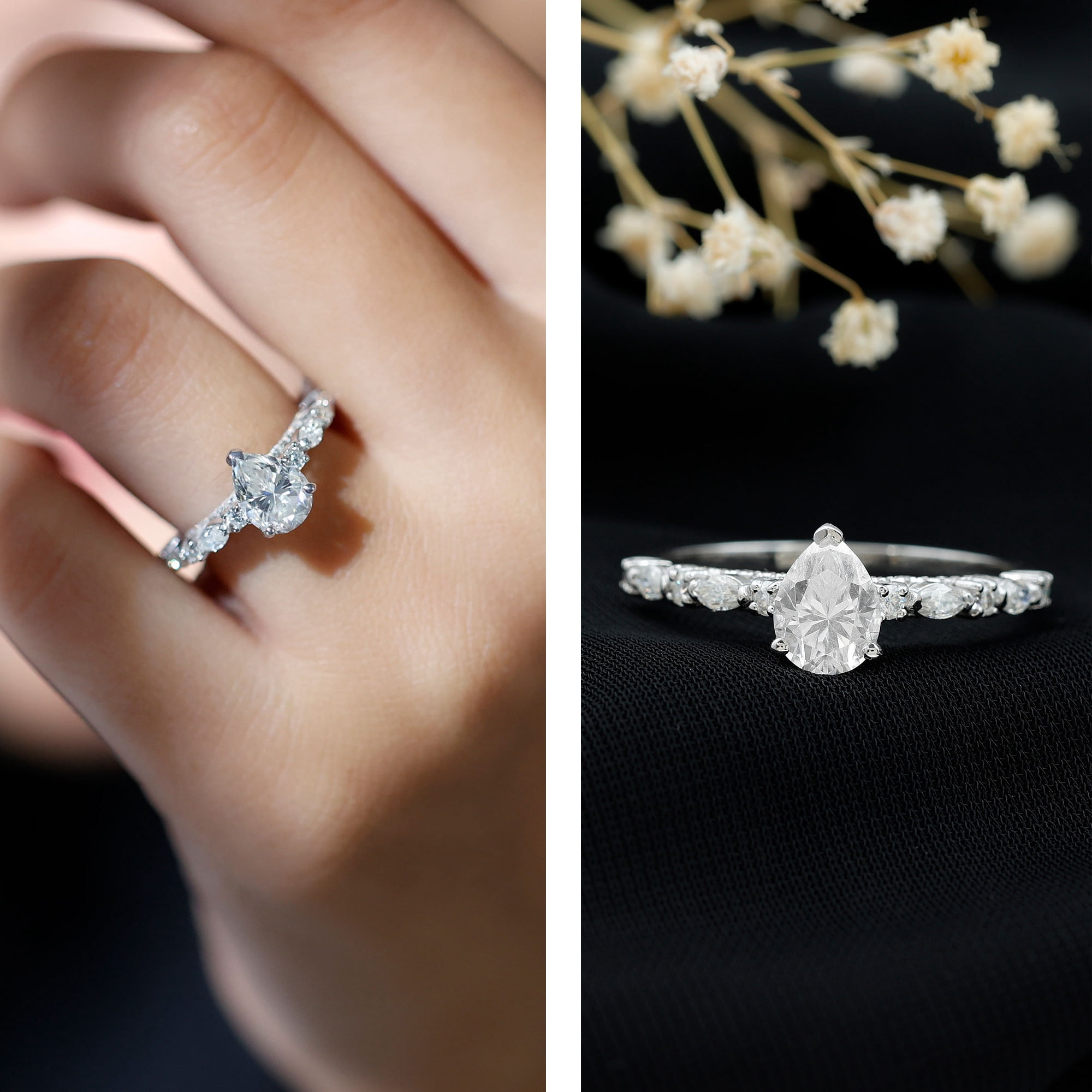Rosec Jewels Pear Shaped Moissanite Solitaire Engagement Ring for Women - 1 Ct - 6X8 mm - D-VS1 Grade, 10K White Gold, US 5.00