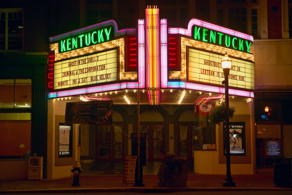 Lexington Kentucky neon marquee sign for movie theater saying Kentucky