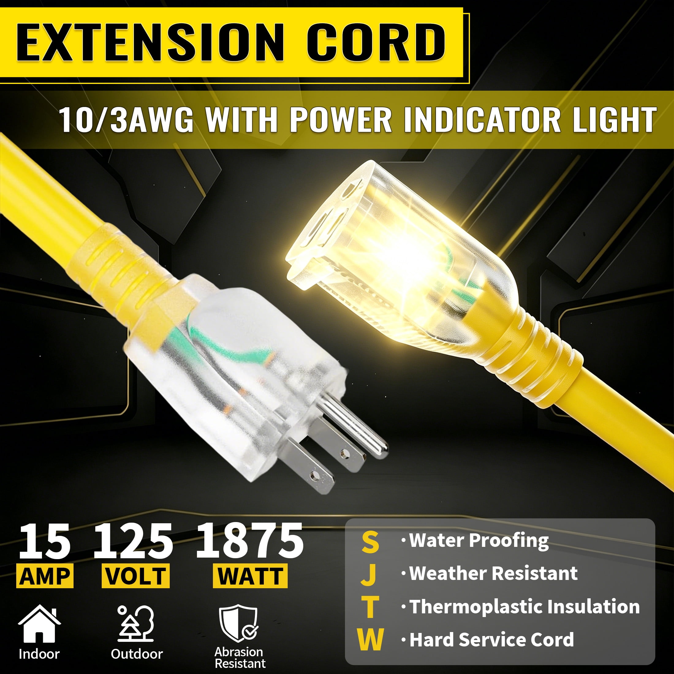 ZAZFO 100ft 10 Gauge Extension Cord, 3 Prong 5-15P to 5-15R, SJTW with Power Indicator Light, Heavy Duty Flexible Durable, Yellow Waterproof for Outdoor Use