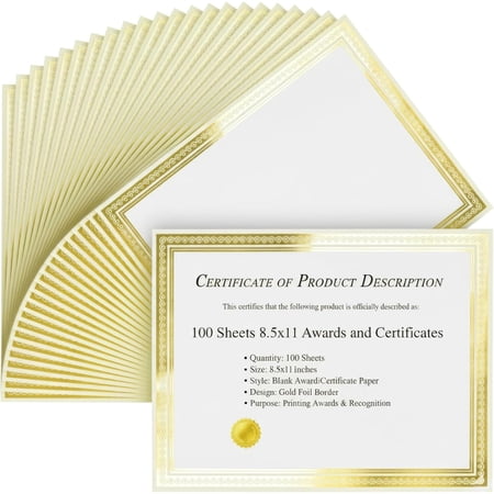 100 Pack Bulk Award Certificate Paper - Blank Certificate Paper 8.5 x 11 for Printing - Thick Matte White Cardstock Diploma Papers for Certificates of Appreciation with Gold Foil Border