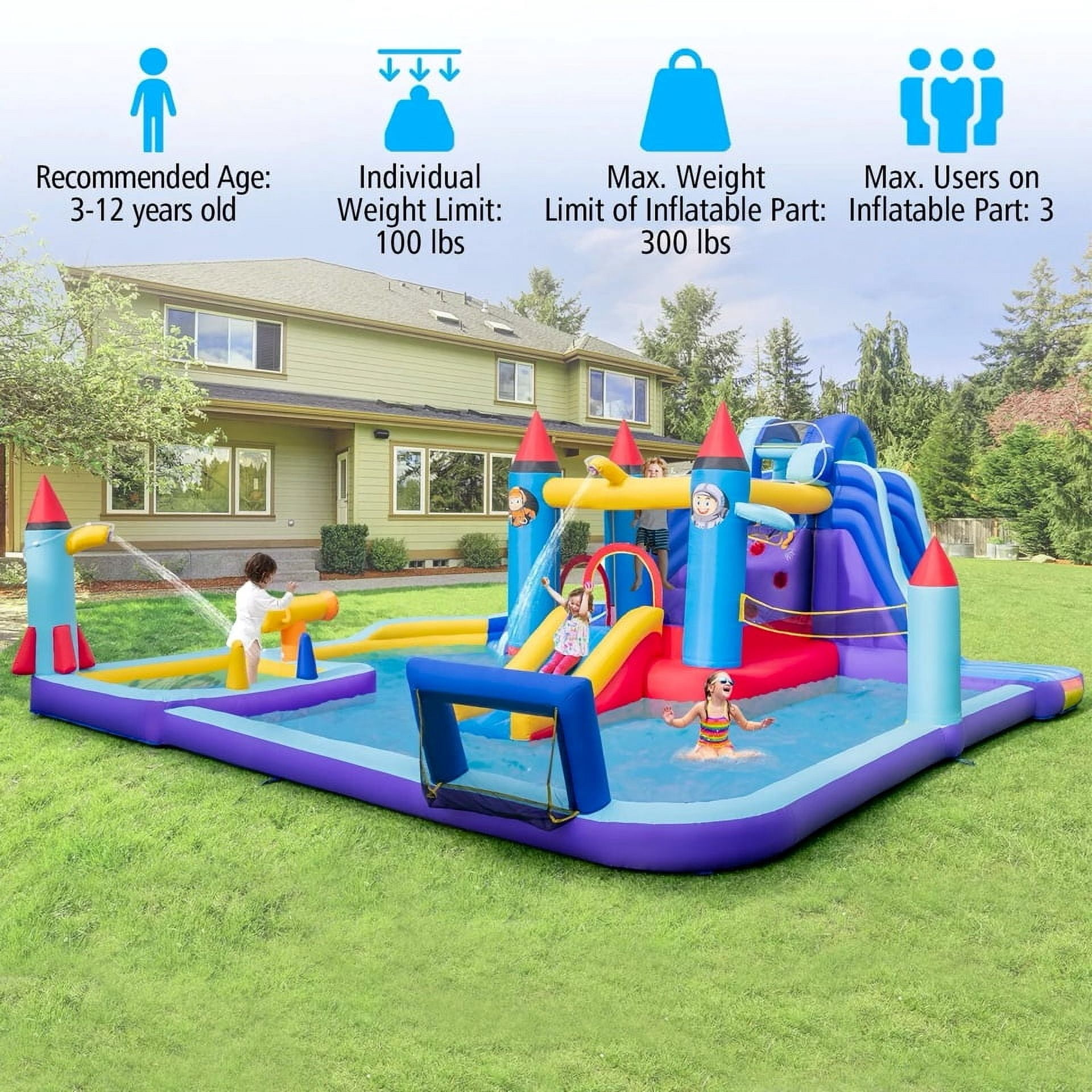 Auranook Rocket Theme Inflatable Water Slide Park w/ 950W Blower 2 Slides Splash Pool