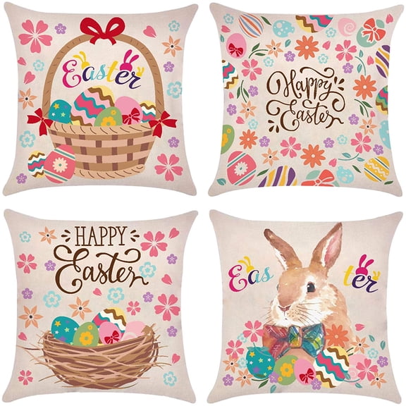 Set of 4 Happy Easter Pillow Covers 18 x 18 Inch Holiday Easter Bunny Egg Throw Pillow Covers Cushion Cover for Home Decor Sofa Bedroom DIY
