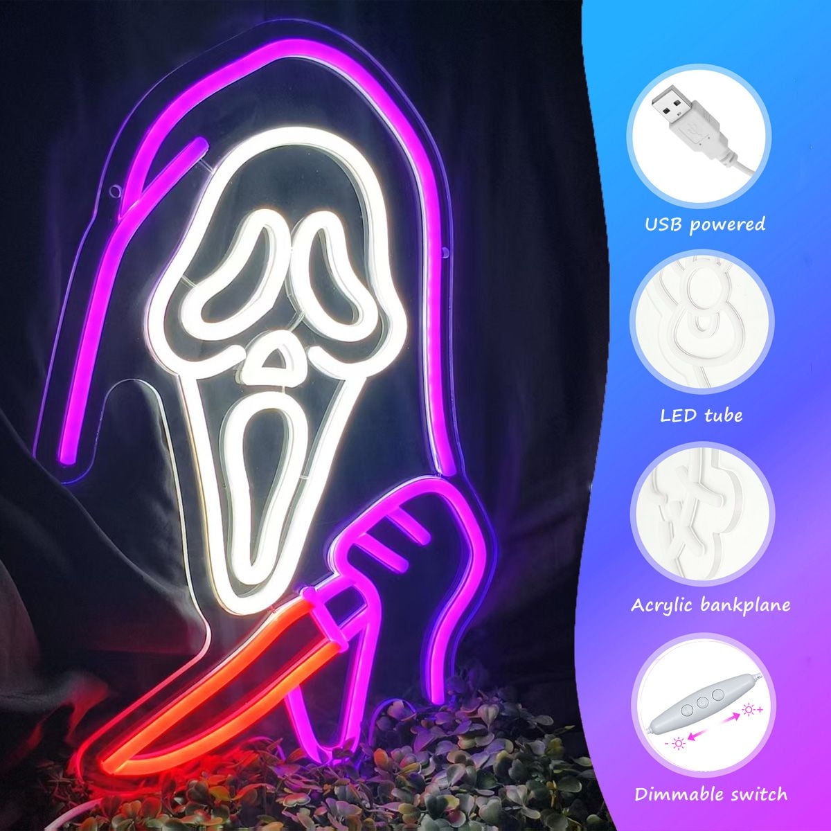 Ghost Face Neon Sign,Halloween Horror Skull Light up Sign for Bedroom Game Mancave Living Room Bar Party Gift