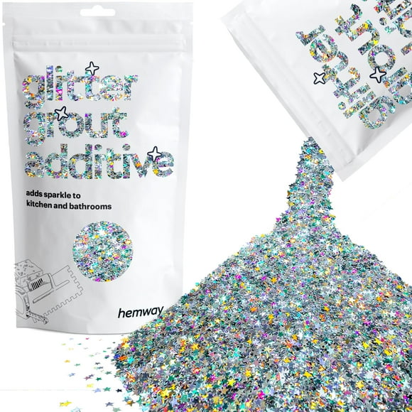 Hemway Glitter Grout Additive add Sparkle to Mosaic Tiles, Bathrooms, Wet Rooms, Kitchens, Tiled Based Rooms and Cement Based Grouts 100g / 3.5oz - Silver Holographic Stars