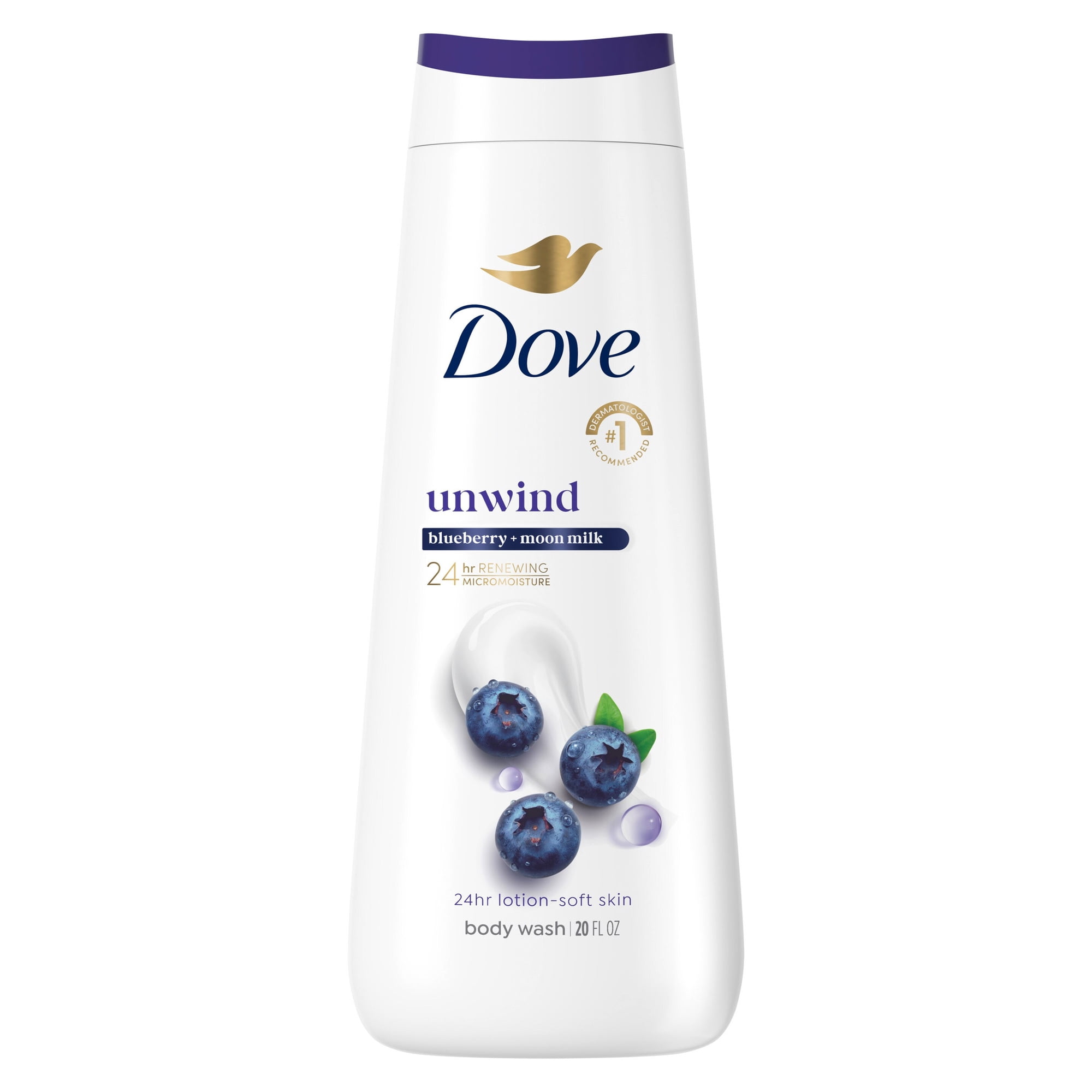 Dove Body Wash For 24hr Lotion-Soft Skin Unwind Blueberry & Moon Milk Moisturizing Skin Cleanser With No Sulfates No Parabens ,20 fl oz