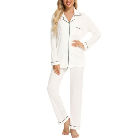 

Clearance KUNPENG Women s Modal Long Sleeve Button Pajamas Set Lapel Homewear Two-Piece As shown White