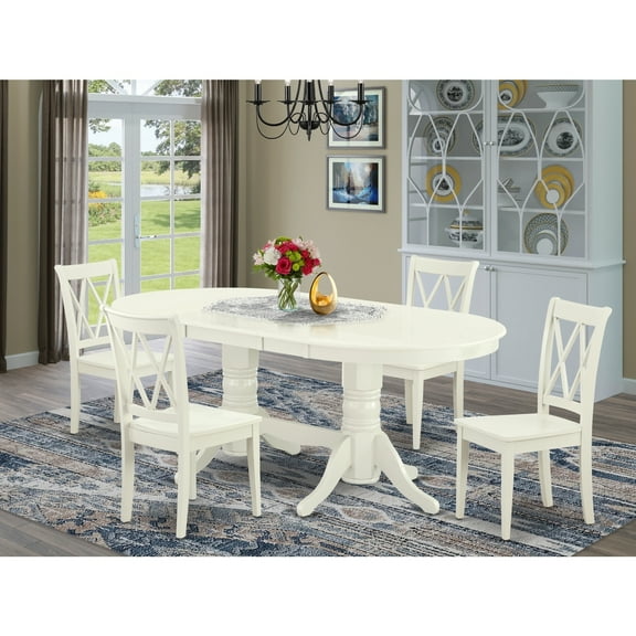 HomeStock Renaissance Revival 5 Piece Modern Set Includes an Oval Wooden Table with Butterfly Leaf and 4 Dining Chairs, 40x76 Inch, Linen White Finish