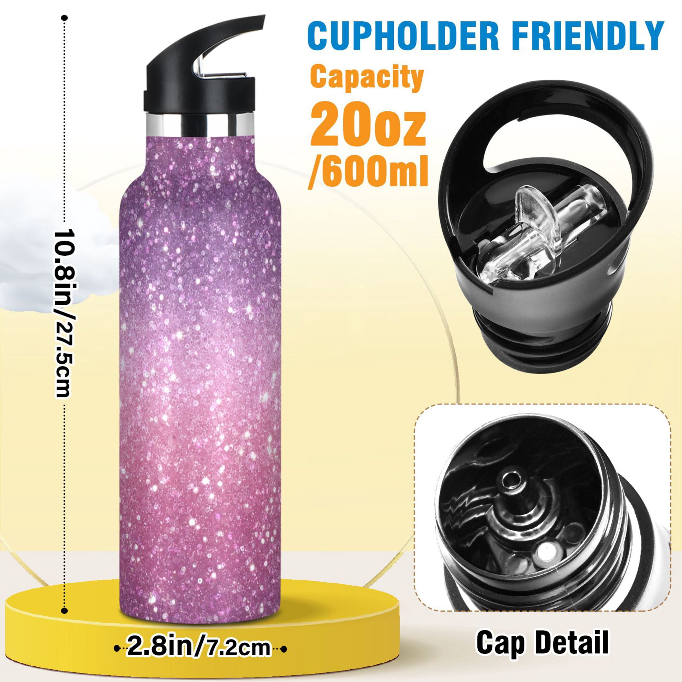 Kids Insulated Stainless Steel Sports Water Bottle 600ml Pink and Purple Glitter Pattern