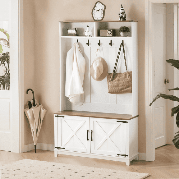 EROMMY 38" Farmhouse Hall Tree with Bench and Shoe Storage, Entryway Bench with Coat Rack, 2 Open Compartments, 5 Coat Hooks, Barn Door & Adjustable Shelf, Rustic White and Brown