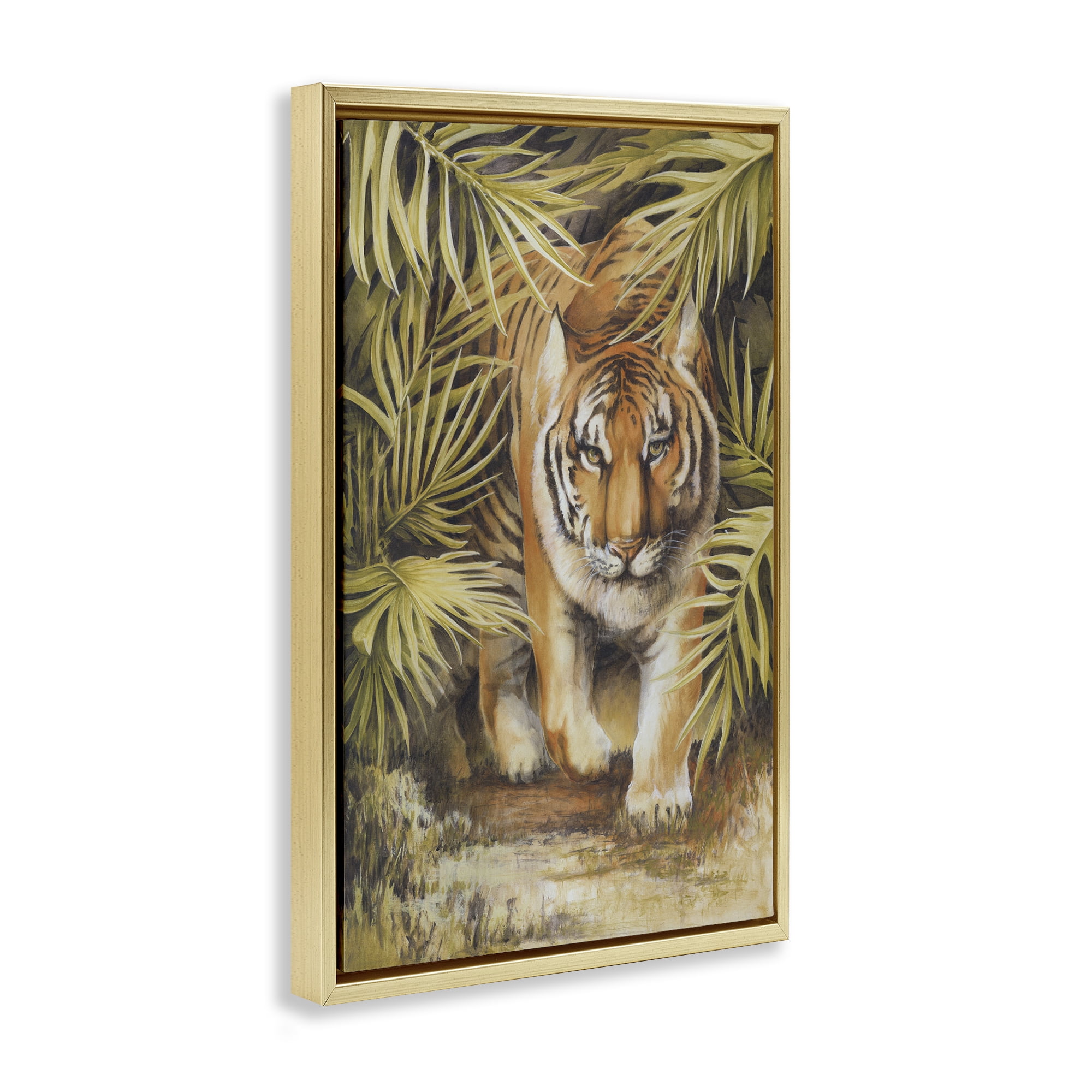 Stupell Industries Tiger Prowling Through Leaves Animals & Insects Painting Gold Floater Framed Canvas Art Print Wall Art, 21 x 31