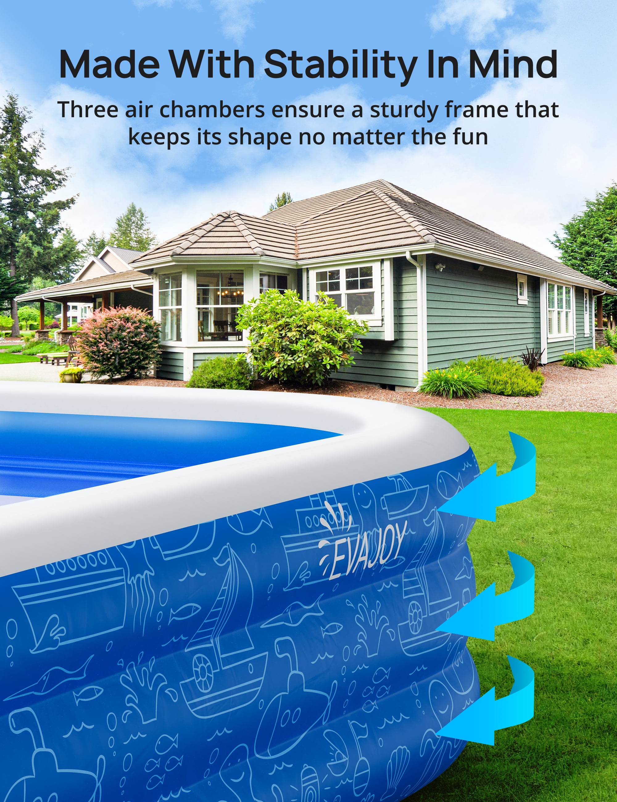 Large Inflatable Swimming Pool with Canopy, 150” x 70” x 20” Full-Sized Inflatable Pool for Kids & Adults, Kiddie Pool with Sun Shade, Blow Up Pool for Backyard, Garden, Age 3+, Blue