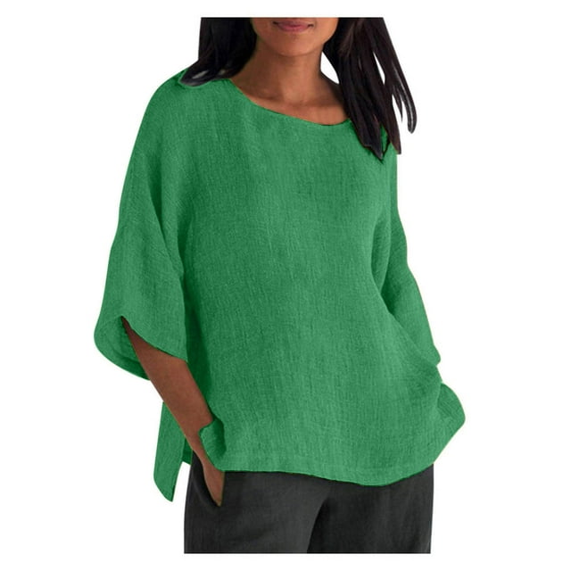Timegard Hauts Grande Taille pour Femmes Manches Mi-Longues Col Ras du Cou Fente Latérale Légers d'Été Décontractés Amples