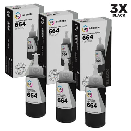 LD Compatible Bottle Replacement for Epson 664 T664120 High Yield (Black, 3-Pack)
