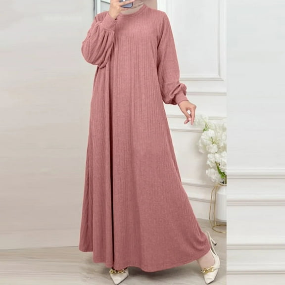 Zedker Womens Long Sleeve Midi Dress 2025 Fall Rib Knit Crew Neck A Line Soft Flowy Swing Dresses Casual Trendy, Plus Size Pink L
