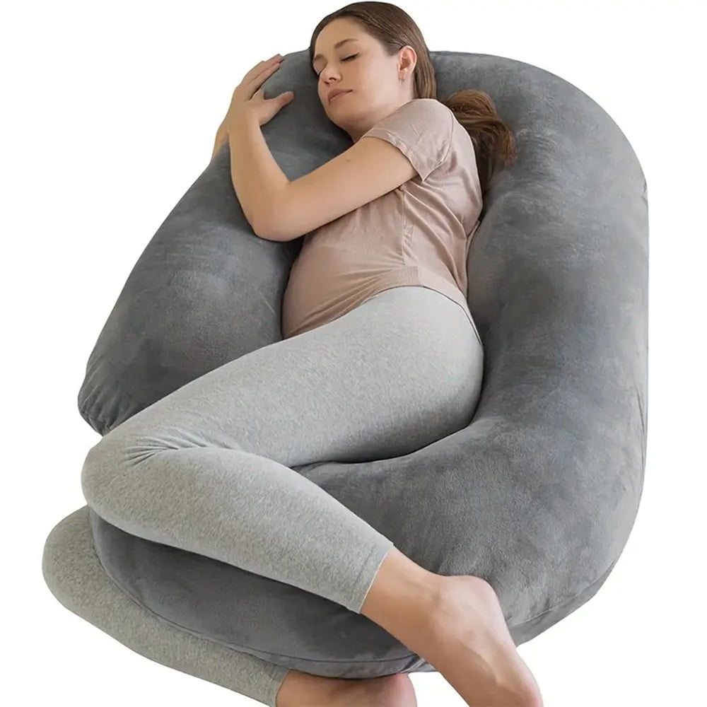 43in.x 67in. G-Shape Pregnancy Pillows, Full Body Maternity Pillows with Removable Cover for Expecting Moms, Crystal Velvet Grey