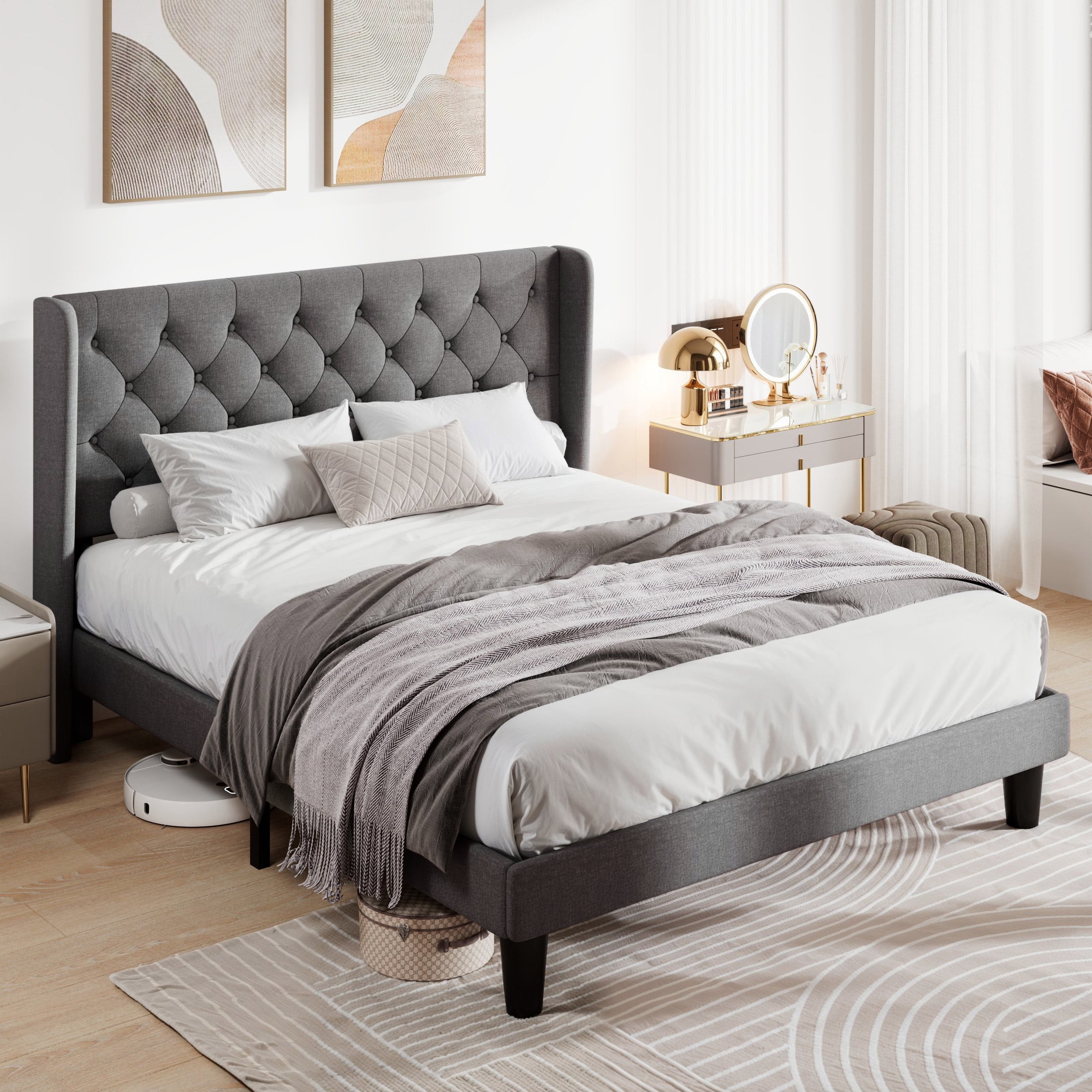 Allewie Full Size Upholstered Platform Bed Frame with Fabric Wingback Button Tufted Headboard, Light Grey