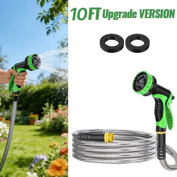 10Ft Heavy Duty 304 Stainless Steel Garden Hose with 10 Function Spray Nozzle & Brass Connectors, Leak & Puncture Resistant, Kink Free, Lightweight Foldable Storage, for Outdoor Yard Care