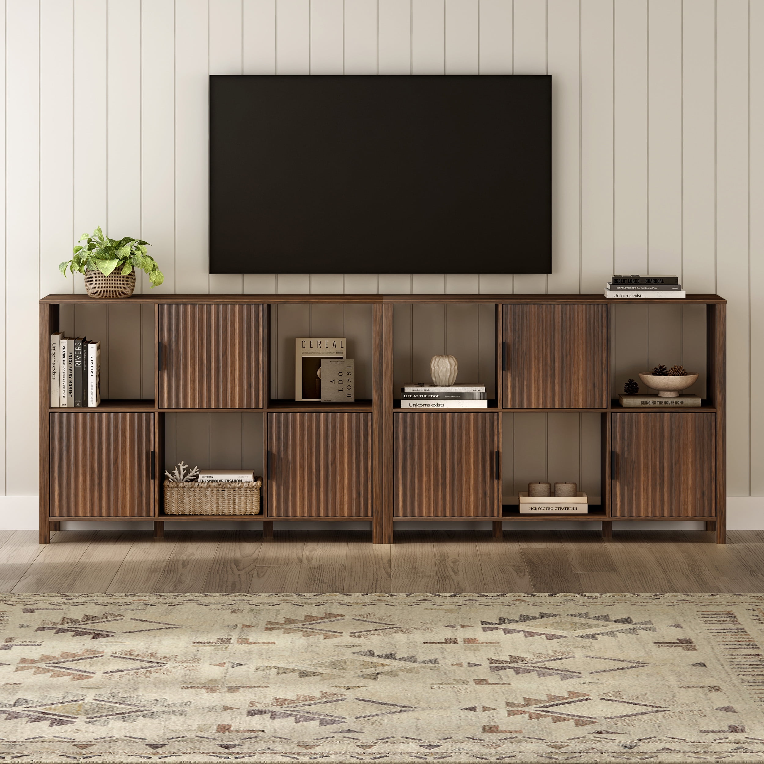EYYTHUNG Fluted Storage Organizer Bookshelf, Modern Cube Bookcase with 3 Open Shelf and 3 Cabinets with Doors, Brown