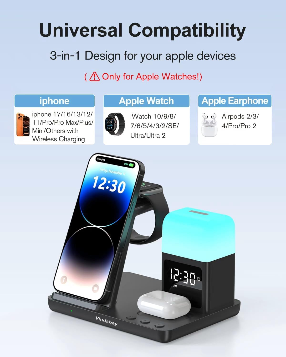 Wireless Charging Station Alarm Clock with 8 Touch Night Lights: 5 in 1 Charger Stand for Apple Devices - Charging Dock for iPhone 17 16 15 14 13 12 Pro Max Plus/Apple Watch/AirPods, Dimmable